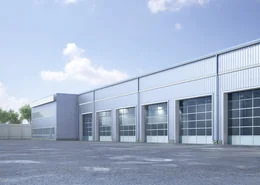 Silver garage door building.