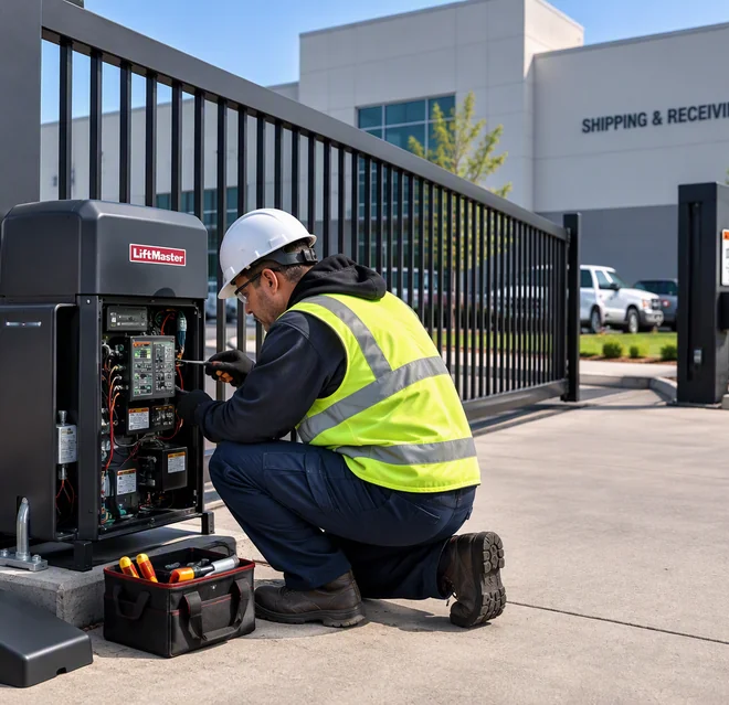 Precision Door expert repairing commercial gate.