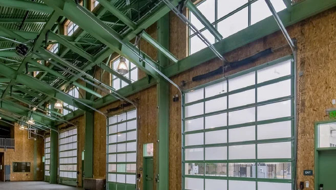 Interior of green commercial garages.