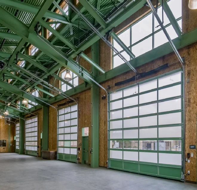 Interior of green commercial garages.
