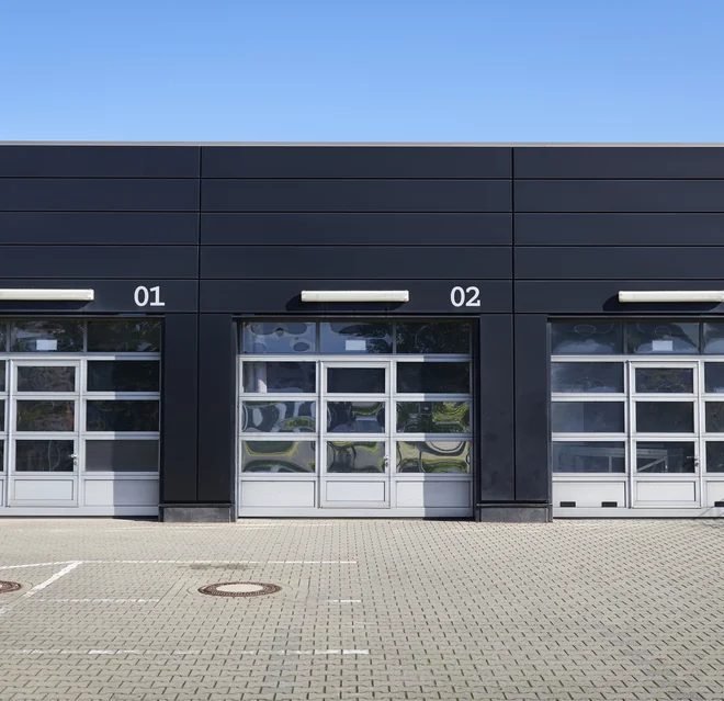 Black commercial garage doors.