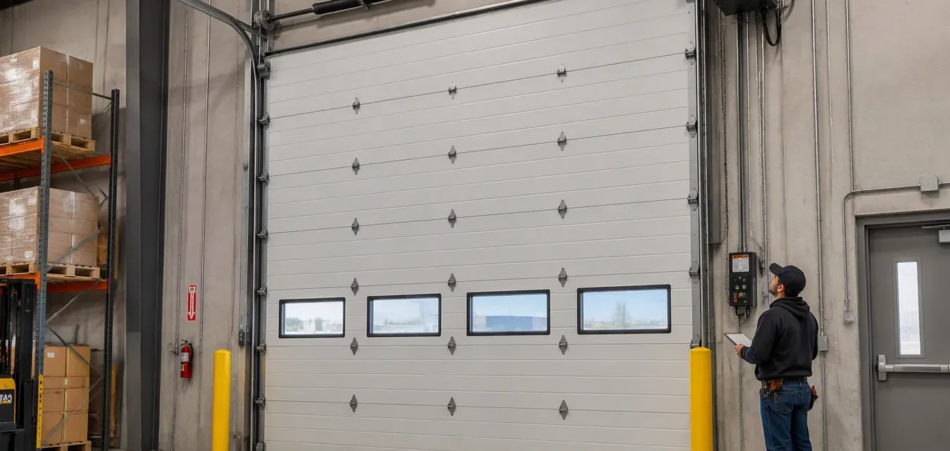 Precision Door technician looking at warehouse garage door.