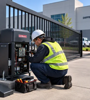 Precision Door technician fixing commercial gate.