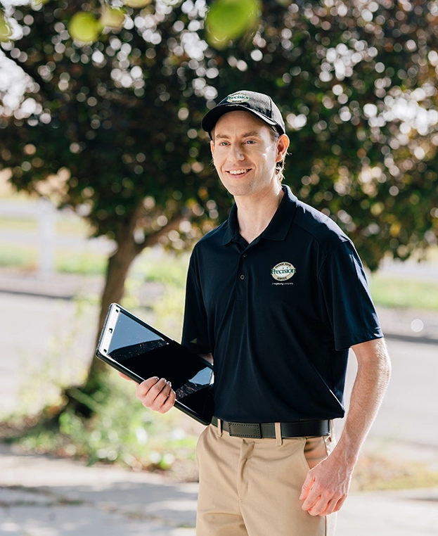 A Precision Door expert holding a tablet outside.