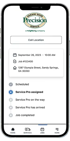 Neighborly App job progress marked 'Service Pro assigned' displayed on smartphone screen.