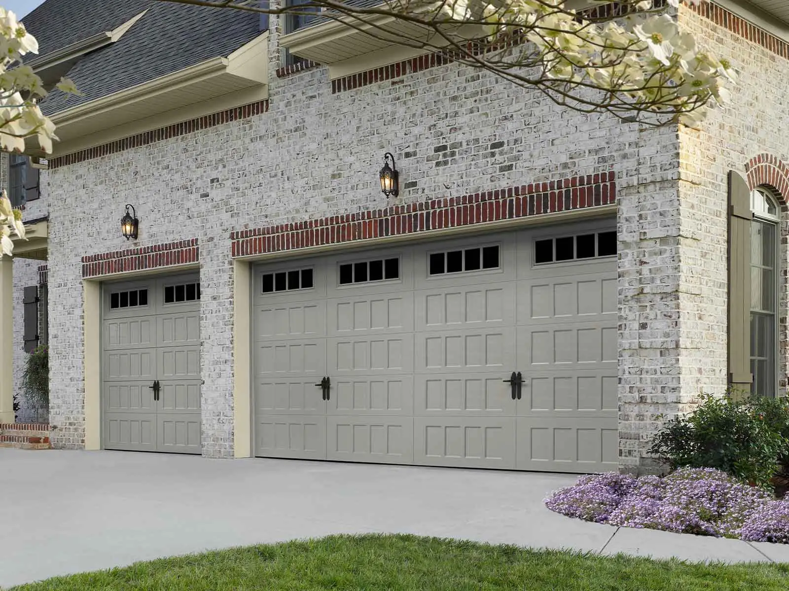  View from the outside of a high lift garage door opening.