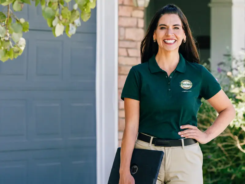 Precision Garage Door Service standing in front a fixed garage door.