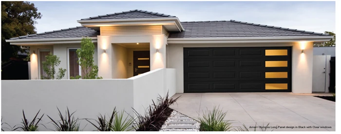 Black garage door with mosaic windows.