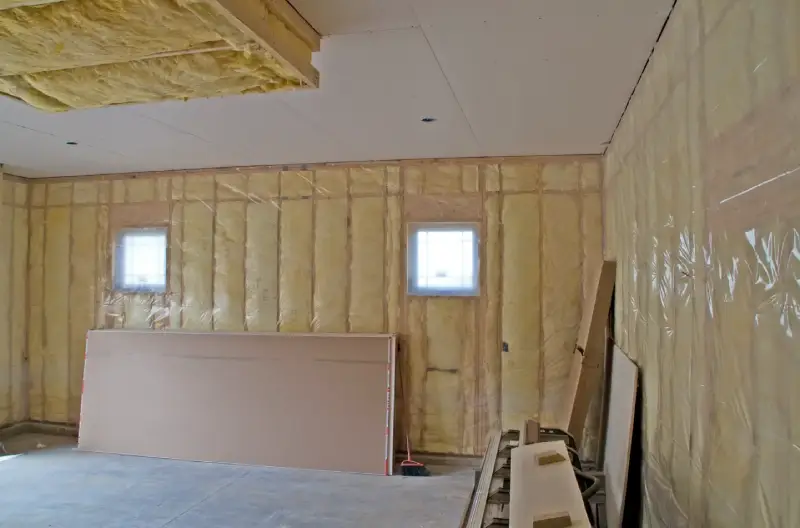 A garage mid-remodel being insulated across all of its walls and a portion of its ceiling. 