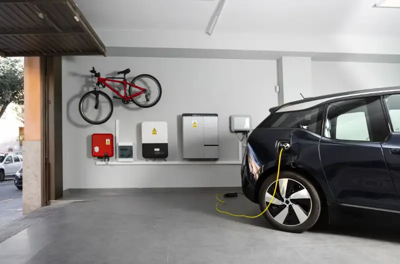 An electric vehicle charging in a garage furnished with smart technology. 