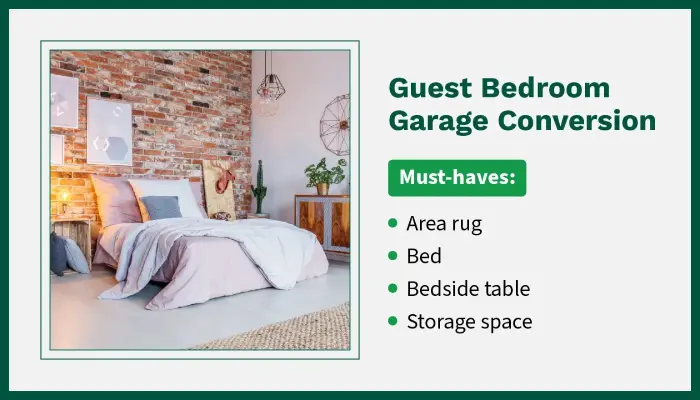 Photo of a guest bedroom garage conversion requiring a bed, bedside table, area rug, and storage space.