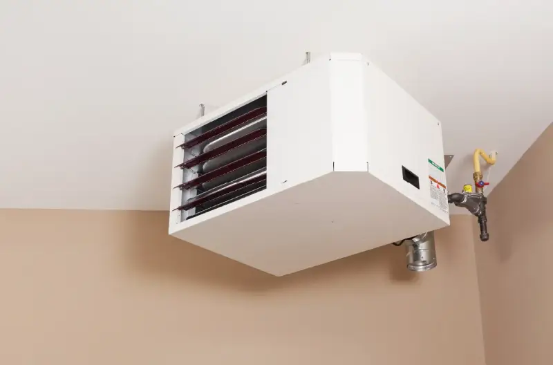 An HVAC unit installed near the ceiling of a remodeled garage. 