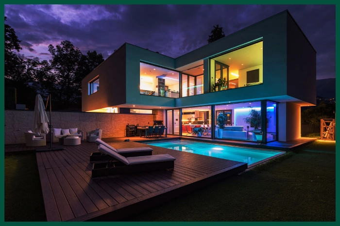 Modern home with colorful lighting.