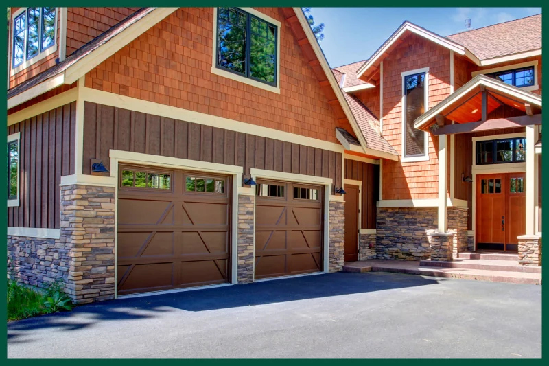 Beautiful stone house with white garage doors.