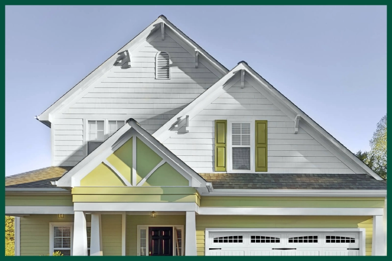 Grey home with white trim on gable.
