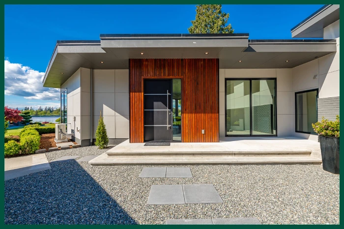 Home with cedar garage doors.