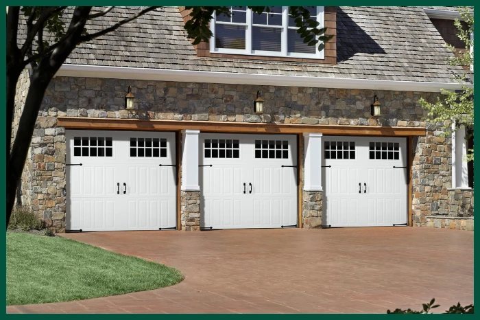 Home with cedar garage doors.