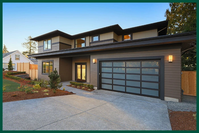 Modern home with glass garage door.