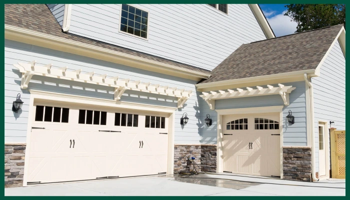 Garage door with pergola awning.