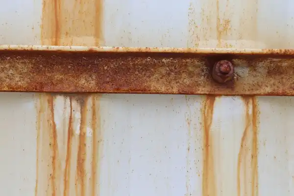 Rust streaks running off a rusted garage door strut.